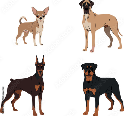 Cartoon Dog Icon Set Featuring Various Breeds Including Chihuahua, Great Dane, Doberman, and Rottweiler