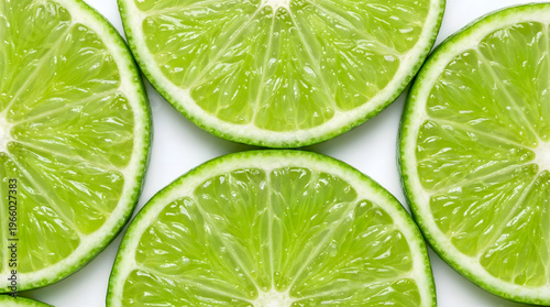 Lime slices beautifully arranged on a clean, white background. Perfect for summer themed designs, food blog posts, or refreshing beverage advertisements.