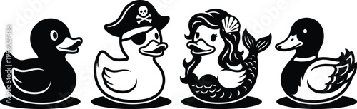 Black and white rubber duck collection with pirate eyepatch mermaid and mallard line art
