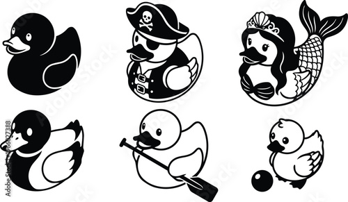 Black and white rubber ducks set with pirate mermaid rower and chick variations