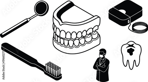Black and white dental icons set dentures toothbrush mirror floss tooth cavity and masked dentist