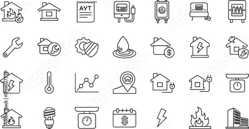 Home energy and utilities icon set with electricity gas water heating and smart home symbols in outline style design