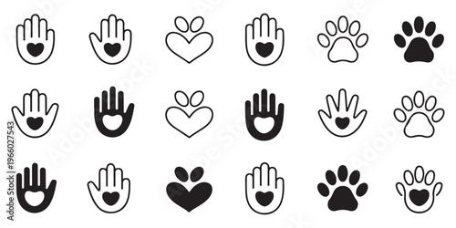 Charity and pet care icons with hands hearts and paw prints