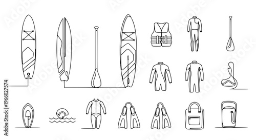 Continuous line drawing paddleboarding and water sports equipment icon set vector illustration