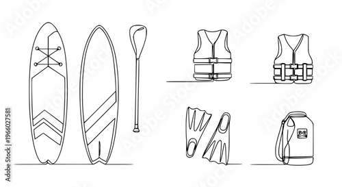 Minimalist continuous line paddleboarding water sports icon pack outdoor recreation vector illustration