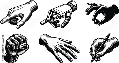 Engraving style hands set with pointing robotic and writing gestures in black and white
