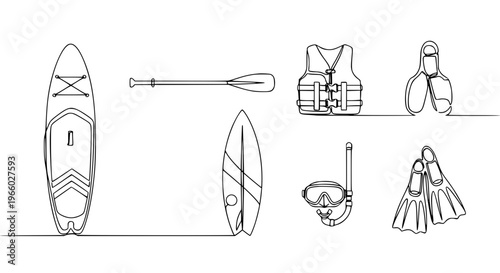 One line drawing water sports icons paddle board surf equipment outline set vector illustration