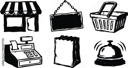 Black and white shop icons set storefront sign basket register bag and service bell line art