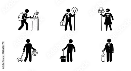 Stick Figures Depicting Professional Activities, Daily Chores, and Travel on Isolated White Background