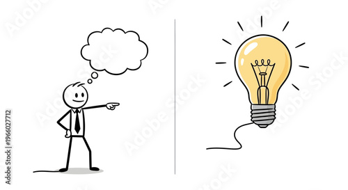 Stick figure businessman pointing at a bright light bulb with a thought bubble, symbolizing a new idea or innovation, on an isolated white background.