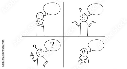 Stick Figures Depicting Thinking, Confusion, Questioning, and Emotional States on Isolated White Background