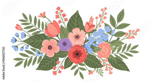 A delicate illustration of blue flowers and lush green leaves creates a serene and calming mood, perfect for backgrounds, springtime themes, or wellne