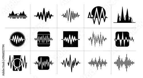 Abstract Black and White Sound Wave and Audio Frequency Icons Set on Isolated White Background