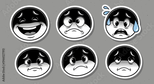 Black and white cartoon emoji faces expressing diverse emotions including happiness, sadness, crying, and anger on a grey studio background.