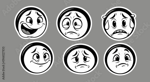 Black and white cartoon emoji faces expressing feelings of sadness, worry, and distress on a grey studio background.