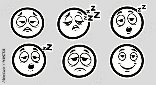 Black and white cartoon emoji faces expressing tiredness, sleepiness, and boredom with Zzz symbols on a grey studio background.