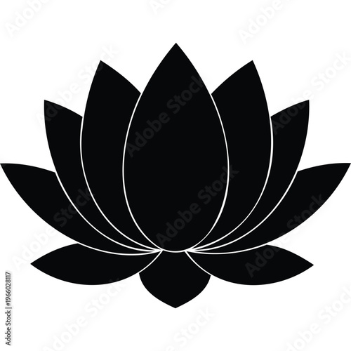 Black Lotus Flower Silhouette Vector Art with White Outline - Minimalist, Elegant, Spiritual Symbol for Purity & Enlightenment