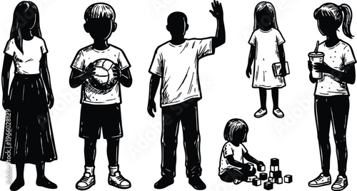 Black and white line art children group with ball waving toddler stacking blocks girl with drink