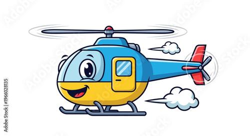 Smiling cartoon helicopter with rotor blades.