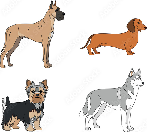 Cartoon Dog Icon Set Featuring Various Breeds Including Great Dane, Dachshund, Yorkshire Terrier, and Husky
