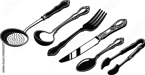 Ornate black and white vintage cutlery set with ladle fork knife and tongs vector art