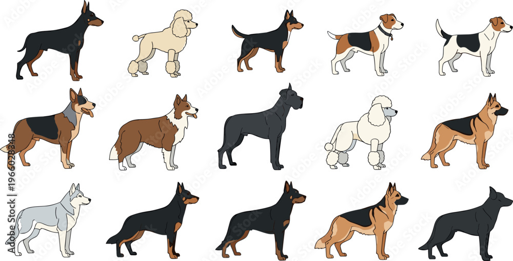 Fototapeta premium Cartoon Dog Icon Set Featuring Various Breeds Including Doberman, Poodle, German Shepherd, Fox Terrier, and More