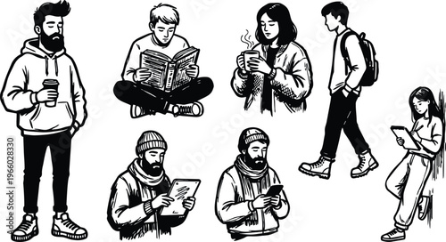 Black and white line art people with coffee book tablet phone winter clothing poses