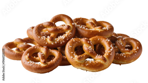 Golden brown baked pretzels with coarse salt, isolated on transparent background