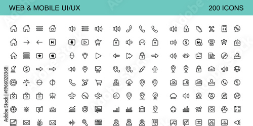 Web and mobile UI UX icon set with interface navigation communication and app design symbols in outline style