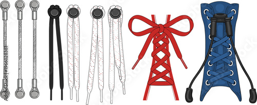 Detailed shoelace collection featuring different lacing styles ties knots and metal tipped cords for footwear design and illustration.