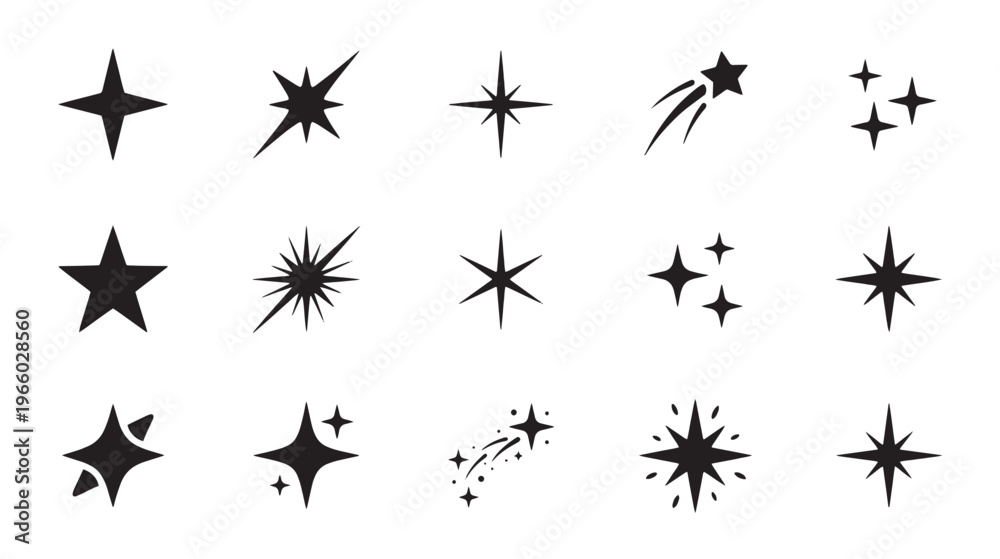 Fototapeta premium Black starburst, explosion, sparkle, and streak icons, vector set of 16