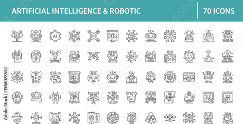 Artificial intelligence and robotics icon set with AI automation machine learning and smart technology symbols in outline style design