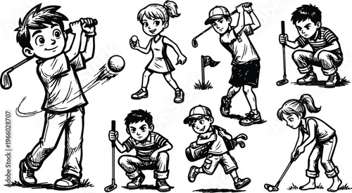 Black and white line art children playing golf in varied poses with clubs and flag