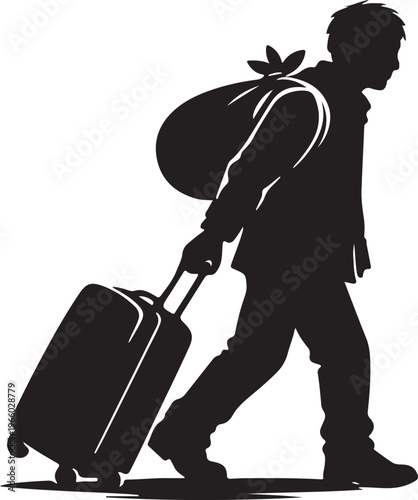 Refugee carrying suitcase silhouette drawing migration concept travel hardship humanitarian theme illustration