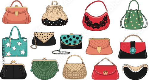 Elegant women's handbag collection featuring fashionable clutches purses and tote bags with diverse patterns for retail fashion design.