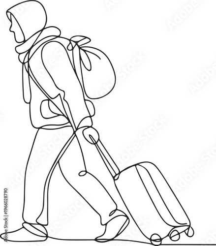 Refugee carrying suitcase line drawing human migration journey displacement emotional storytelling illustration