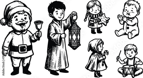 Line art santa with bell and caroling children holding lantern star candy cane and drum for christmas