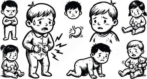 Toddler clutching belly with worried face black and white vector art