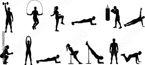 Fitness workout silhouette collection featuring people exercising with weights, jump rope, push ups, boxing, and strength training poses isolated on white background