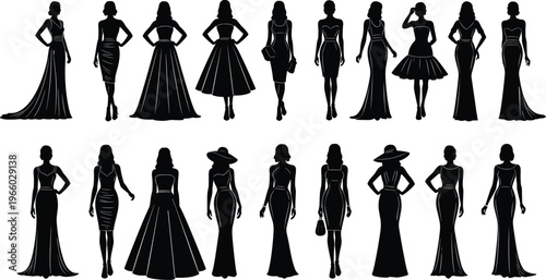 Fashion women silhouette collection featuring elegant models in evening gowns and stylish dresses, runway poses and luxury outfit designs isolated on white background