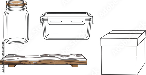 Collection of storage containers and a wooden shelf for organization and preservation Vector