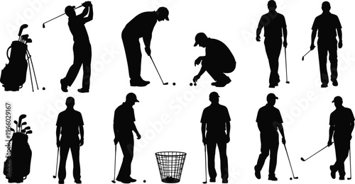 Golf players silhouette collection showing different poses including swinging, putting, walking, and practice scenes, professional sport activity figures isolated on white background