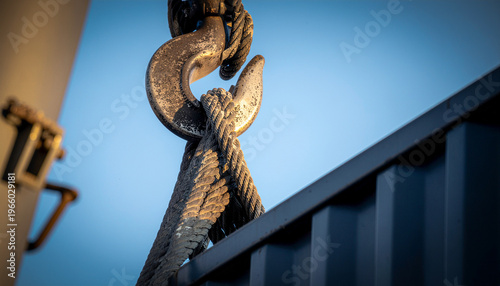 High-Resolution 4K Macro of Industrial Crane Hook and Steel Cables Holding Cargo