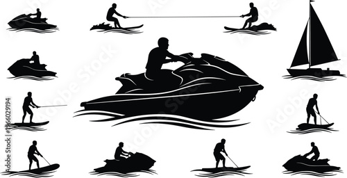 Water sports silhouette collection featuring jet ski, wakeboarding, surfing, and sailing activities, dynamic marine recreation scenes with people on water isolated on white background