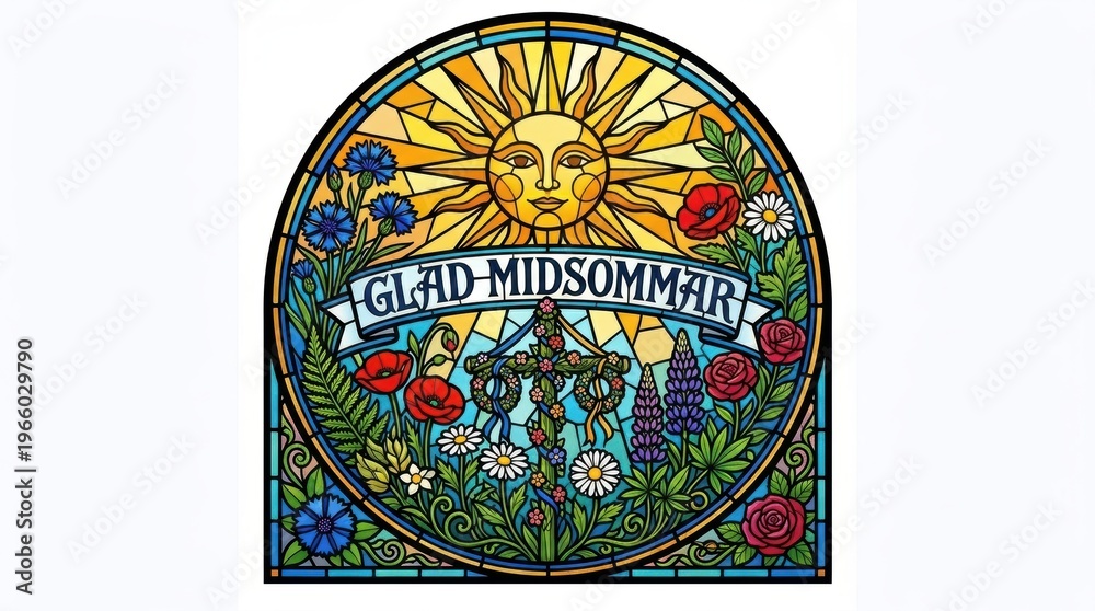 Obraz premium Vibrant segmented panels forming flowers, leaves, and a radiant midsummer sun, bold black outlines and luminous colors, Swedish decorative lettering “Glad Midsommar”