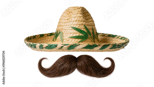 Tableau sur toile Sombrero hat brown mustache, isolated on transparent background