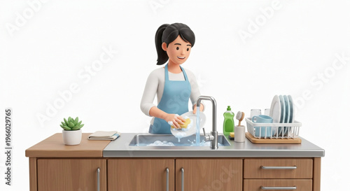 Happy Young Woman Washing Dishes in Modern Kitchen Sink, 3D Render Illustration Style, Clean Minimalist Concept on White Background