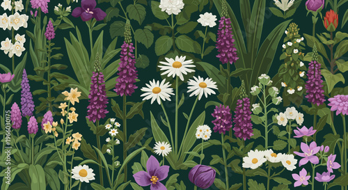 A vibrant and detailed illustration of hyacinth and daffodil blooms, evoking a sense of springtime and renewal. Ideal for botanical illustrations, gre