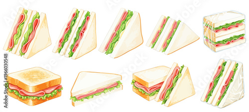 ハムレタスサンドの水彩風イラストセット｜サンドイッチ・ミックスサンド・カフェ・コンビニ軽食素材