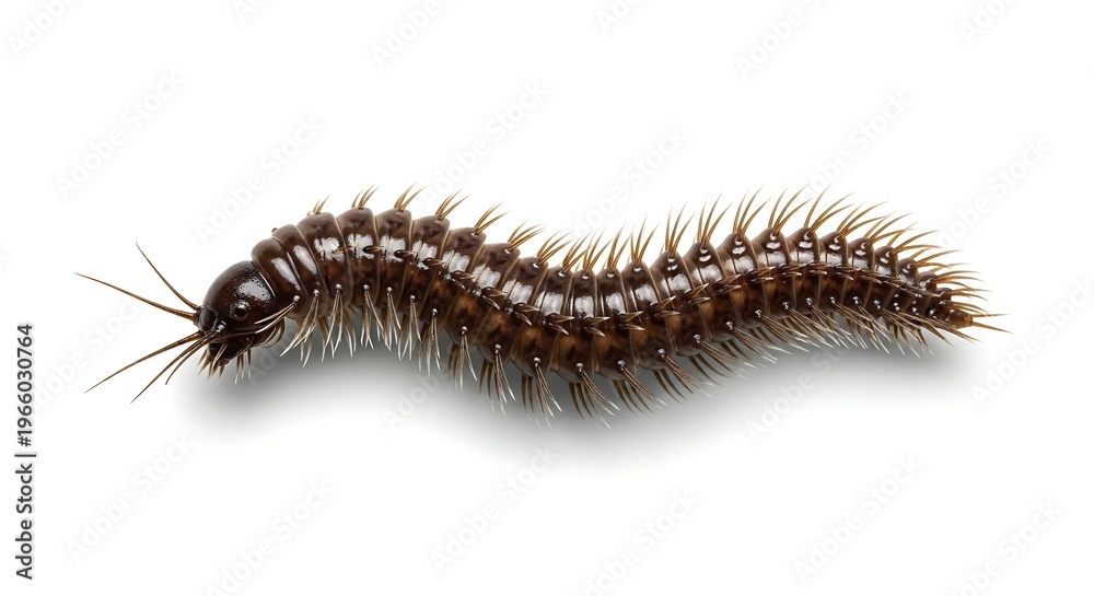 Fototapeta premium A detailed close-up of a dark, segmented millipede-like creature with many hairy legs on a white background.
